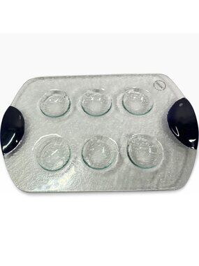 Dansk Glass Escargot Deviled Egg Platter Tray Dark Blue Handles Textured Clear